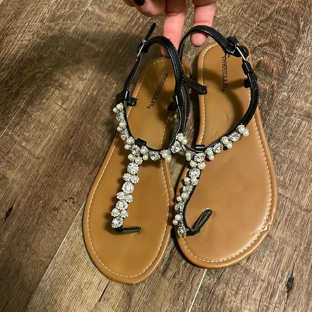 Black Pearl and Rhinestone T Strap Sandals